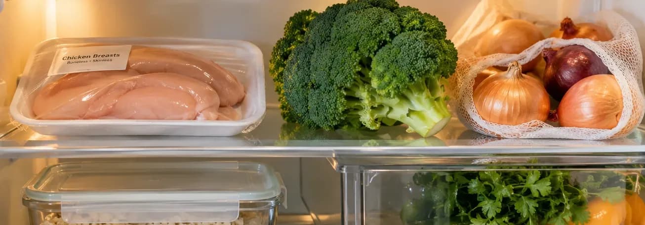 Open fridge with chicken, broccoli, rice and onions.